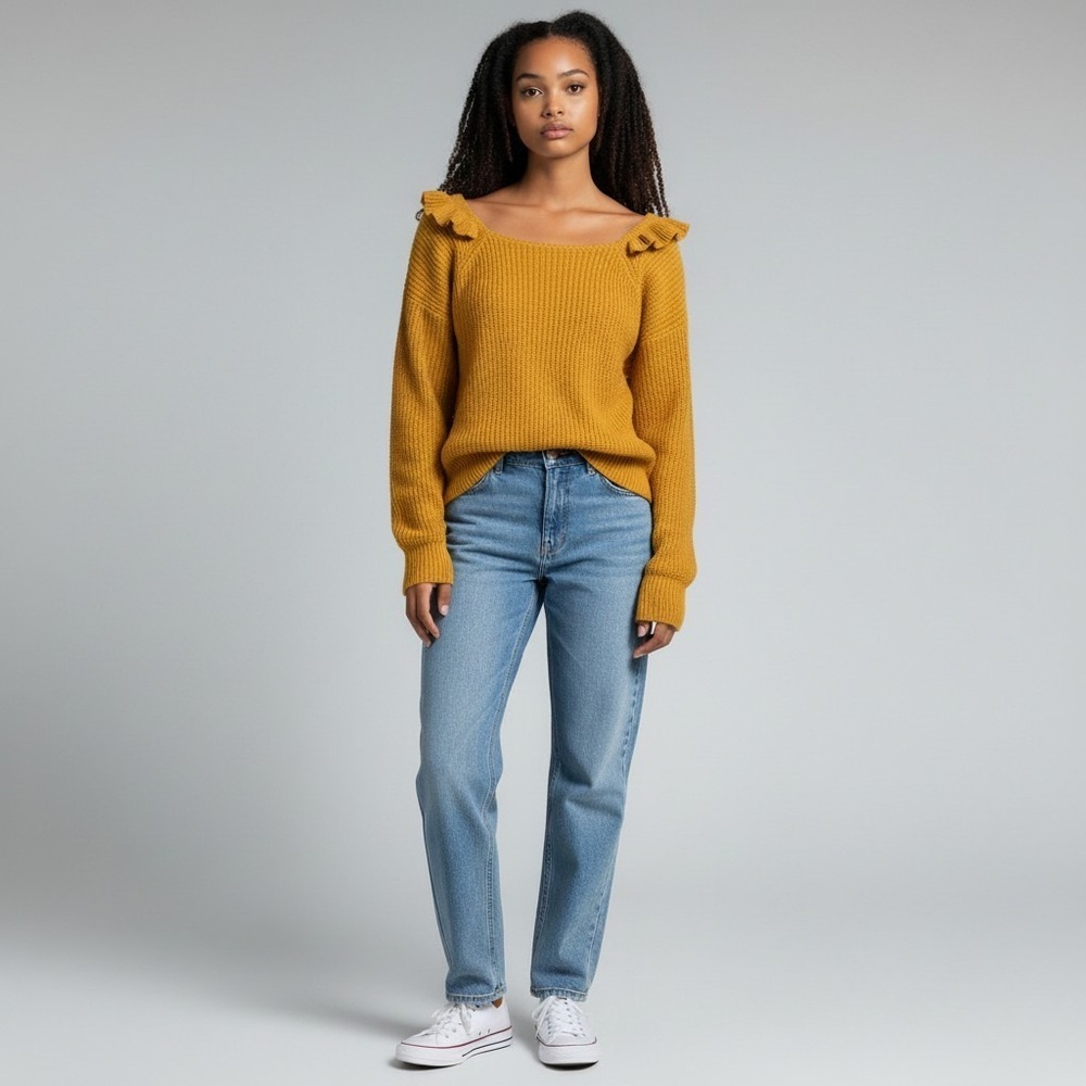 Scoop Mustard Yellow knit sweater Ruffle Shoulder Sz 20 Chunky Knit 2X Crochet